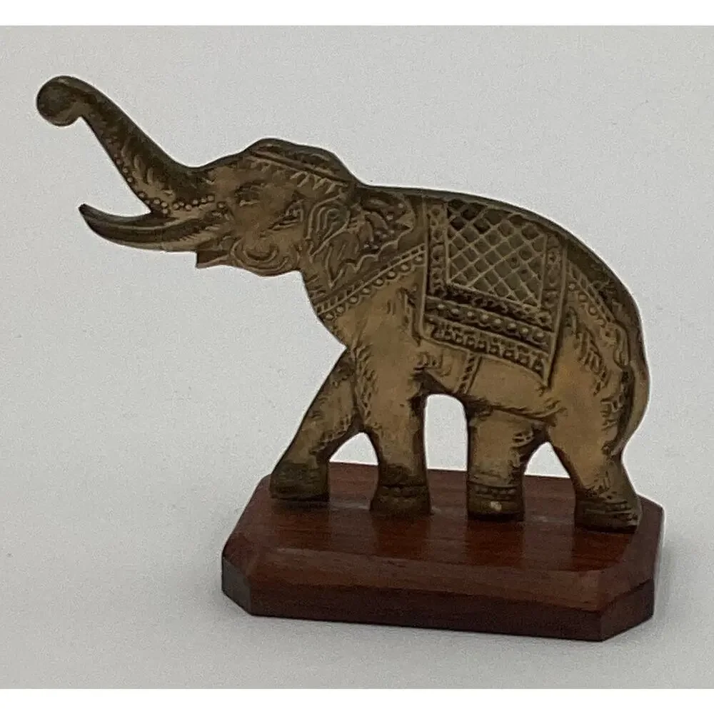 Vintage Brass Royal Elephant Figurine on Wood Base Etched Good Luck Trunk Up